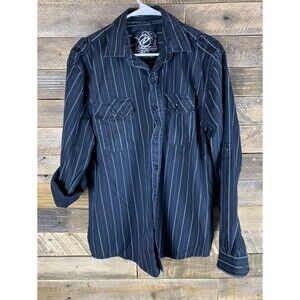 Drill Clothing Co. Men's Sz L Black Striped Button Up Roll Tab Sleeve Shirt